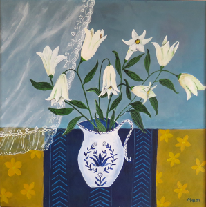 White Lillies, (acrylics on canvas 50x50cm) by Susanne Mason