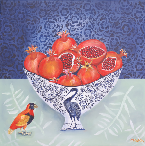 SOLD, Pomegranates with two Birds (acrylics on canvas, 50x50 cm)