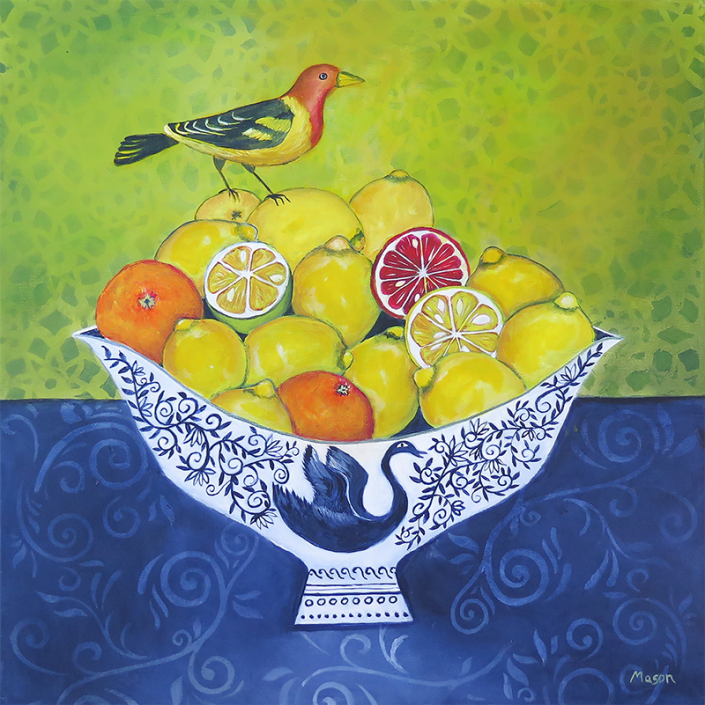 Citrus Fruits with Tanager, by Susanne Mason (acrylics on canvas 50x50 cm)