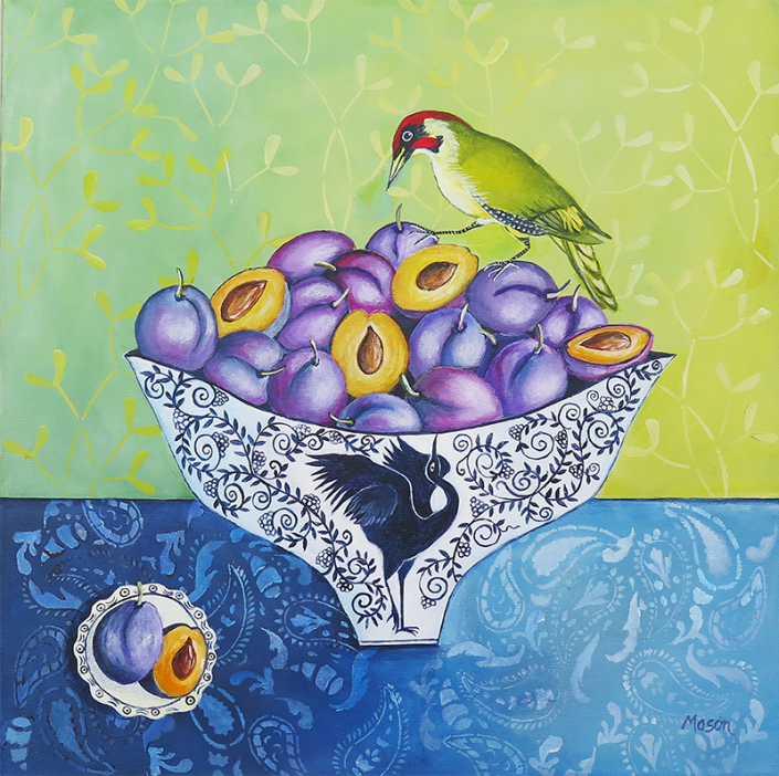 Plums with green Woodpecker, by Susanne Mason (acrylics on canvas 50x50 cm)