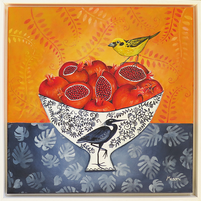 Pomegranates with Western Tanager, by Susanne Mason (acrylics on canvas, 50x50 cm)