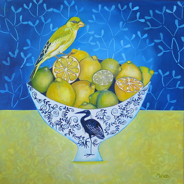 Citrus Fruits with Greenfinch, by Susanne Mason (acrylics on canvas, 50x50 cm)